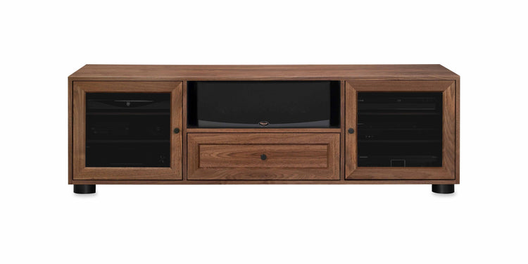 Majestic Solid Wood Media Console - with center speak shelf and dovetail media storage drawers - Natural Walnut - 70" Wide - Made in the USA