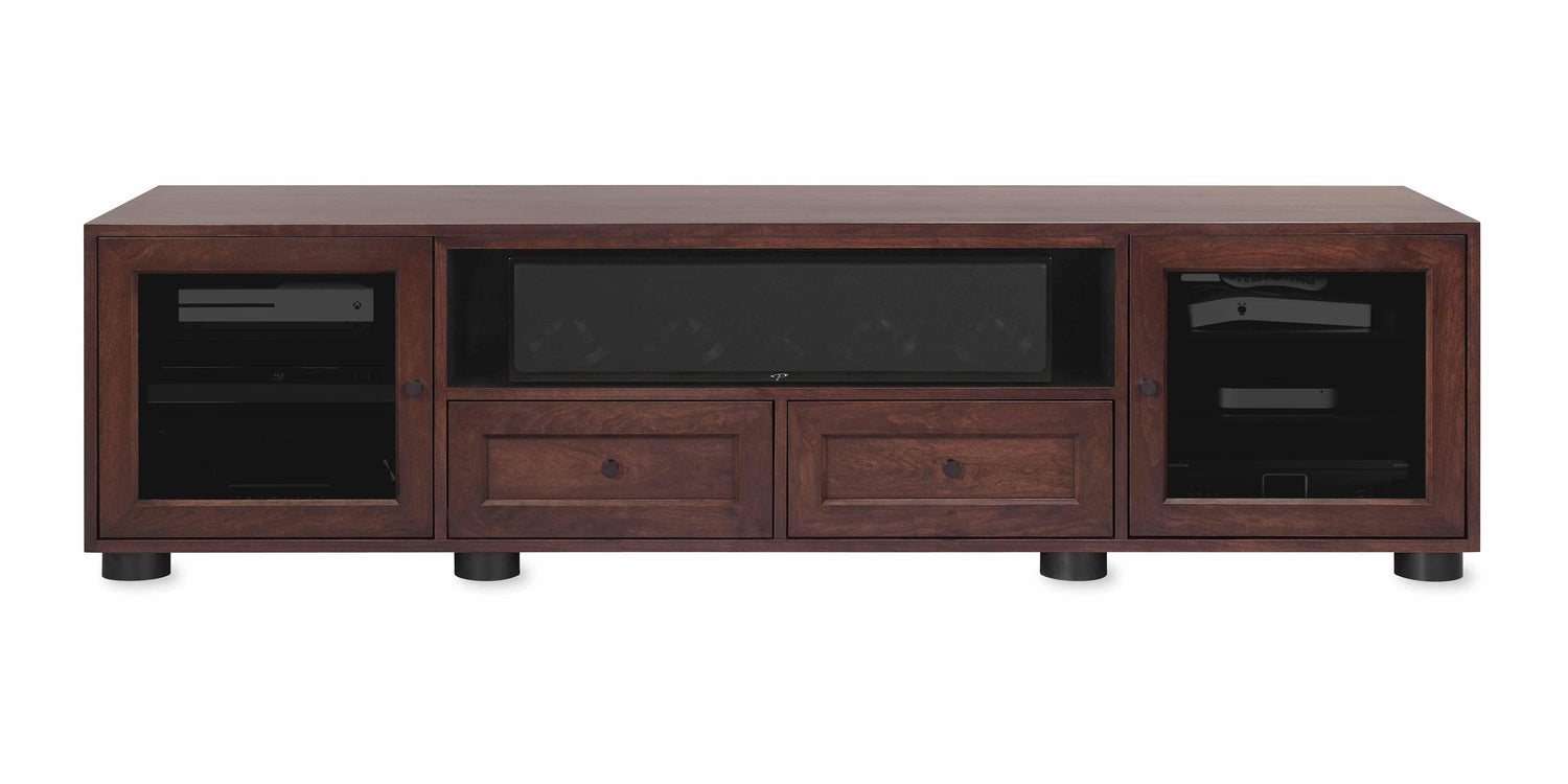 Majestic Solid Wood Media Console - with center speak shelf and dovetail media storage drawers - Espresso Cherry - 82" Wide - Made in the USA