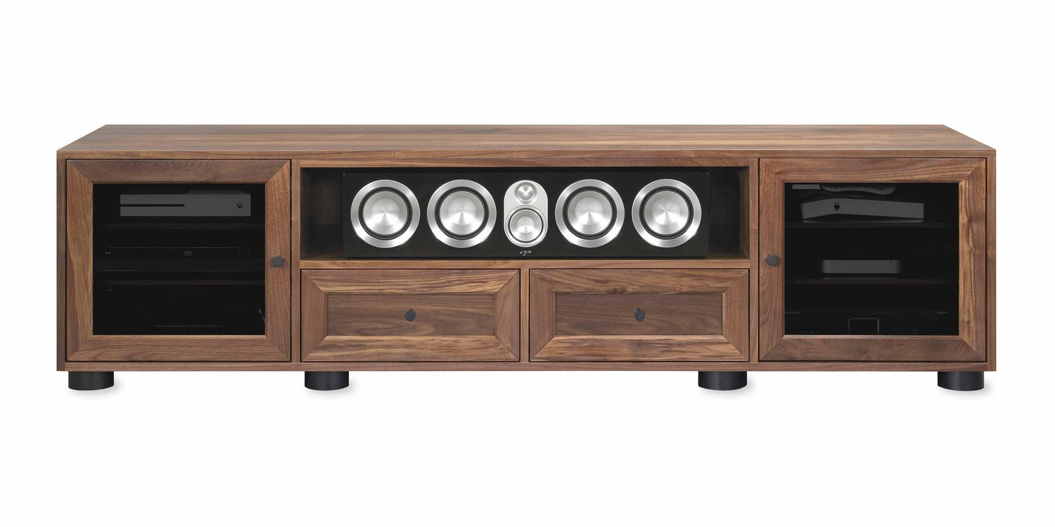 Majestic Solid Wood Media Console - with center speak shelf and dovetail media storage drawers - Natural Walnut - 82" Wide - Made in the USA