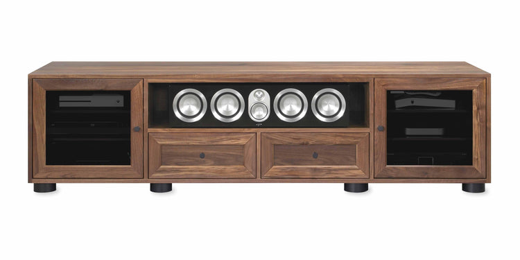Majestic Solid Wood Media Console - with center speak shelf and dovetail media storage drawers - Natural Walnut - 82" Wide - Made in the USA