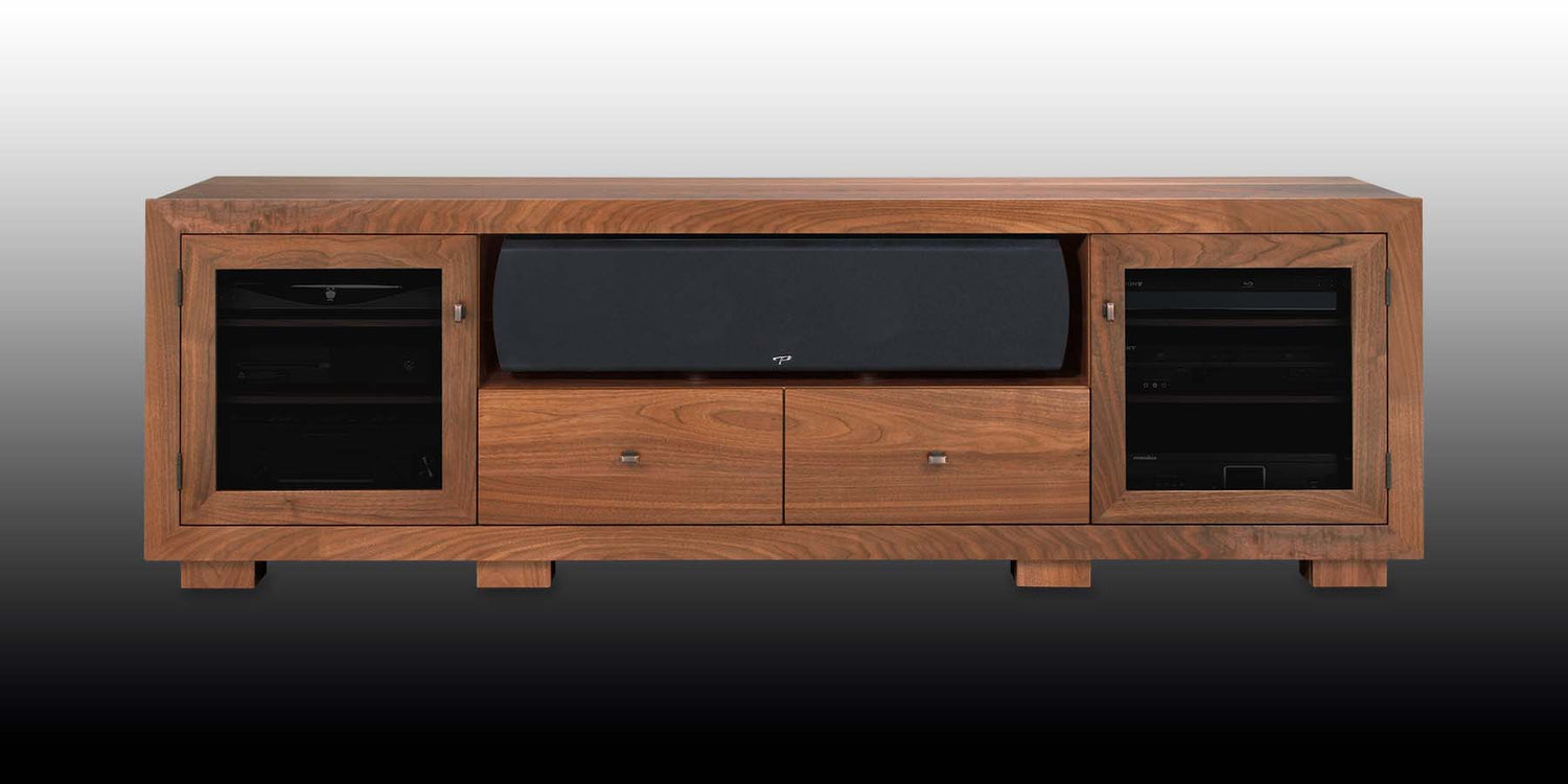 Solid wood walnut media console made in the USA by B&A Woodworks. Features room gear enclosures, spacious center speaker shelf, hidden wheels, wire management, dovetail drawer boxes.