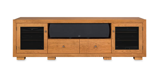 Haven Solid Wood Media Console - with center speak shelf and dovetail media storage drawers - Natural Cherry - 82" Wide - Made in the USA