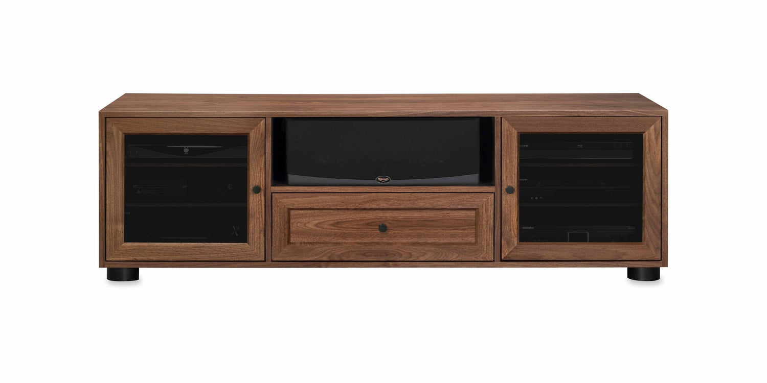Majestic Solid Wood Media Console - with center speak shelf and dovetail media storage drawers - Natural Walnut - 70" Wide - Made in the USA