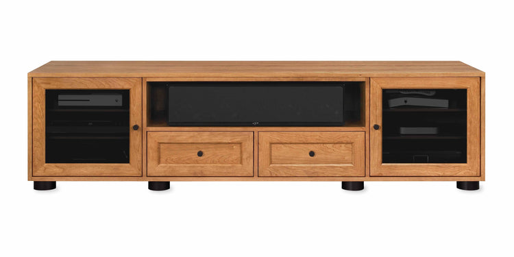 Majestic Solid Wood Media Console - with center speak shelf and dovetail media storage drawers - Natural Cherry - 82" Wide - Made in the USA
