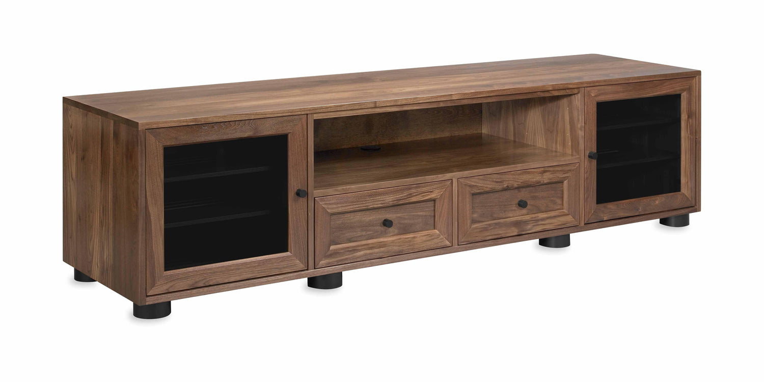 Majestic Solid Wood Media Console - Wide Center Channel Speaker Shelf - Natural Walnut - Dovetail Drawer - Made in USA